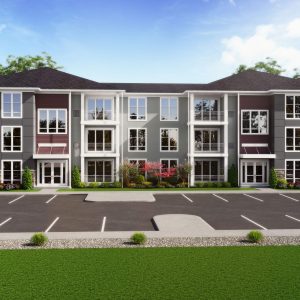 Three-story apartment building with maroon and gray siding, white trim, and a landscaped parking lot in front